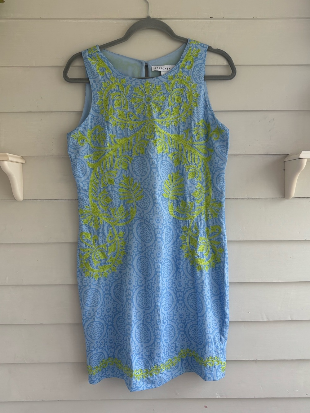 Gretchen Scott Light Blue and Lime Green Sleeveless Sheath Dress Size Small